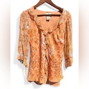 Y2K i e Orange Floral Silk Tunic Fairy Feminine Chiffon Ruffle Top Medium